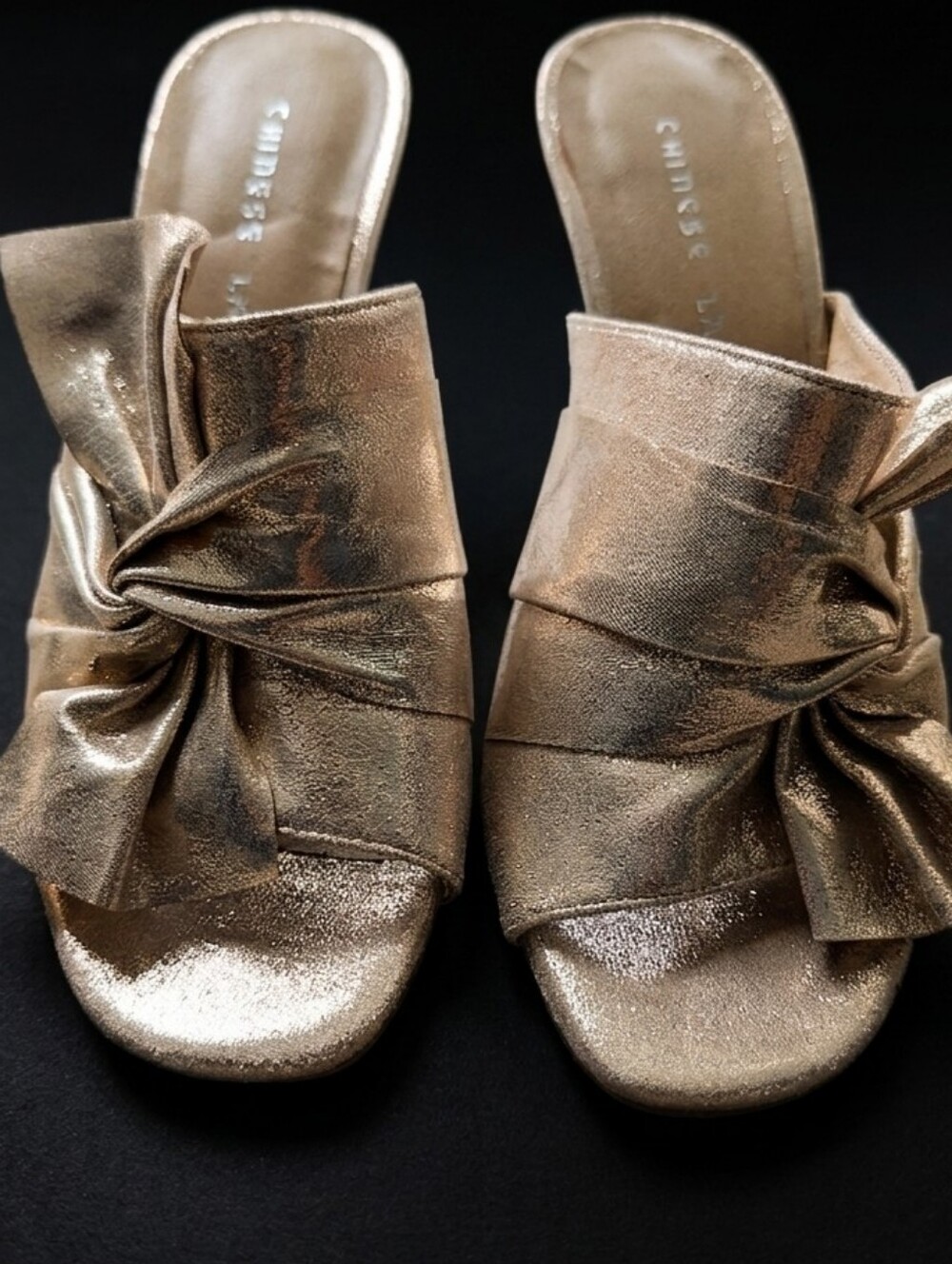 Chinese Laundry Metallic Gold Knot Slide Mules